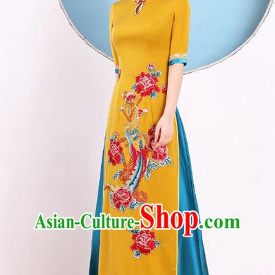 China Modern Dance Clothing Stage Performance Embroidery Phoenix Peony Yellow Cheongsam Catwalks Ao Dai Qipao Dress