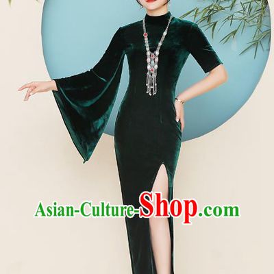 China Catwalks Green Velvet Qipao Dress Stage Performance Single Mandarin Sleeve Cheongsam Woman Clothing