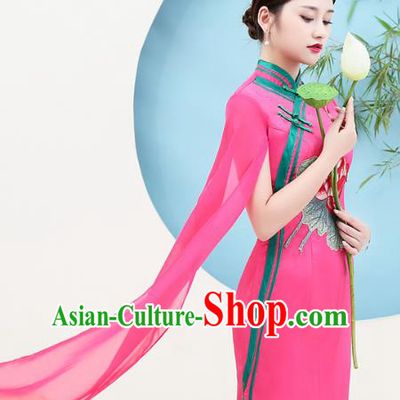 China Stage Show Embroidery Lotus Cheongsam Miss Etiquette Clothing Catwalks Rosy Satin Qipao Dress