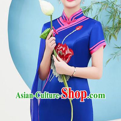 China Woman Catwalks Royalblue Satin Qipao Dress Stage Show Embroidery Lotus Cheongsam Miss Etiquette Clothing