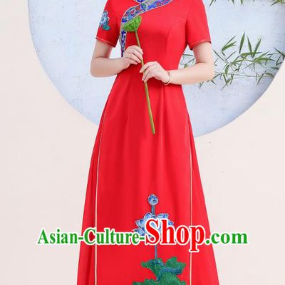China Stage Show Clothing Woman Catwalks Qipao Dress Embroidery Lotus Red Cheongsam