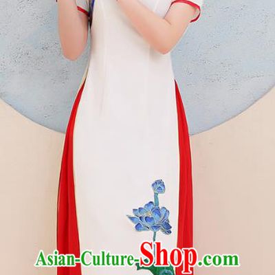 China Embroidery Lotus White Cheongsam Stage Show Clothing Woman Catwalks Qipao Dress