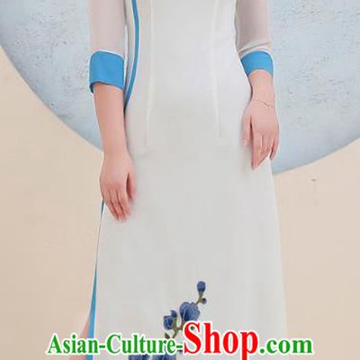 China Stage Show Clothing Woman Classical Dance Qipao Dress Embroidery Blue Flowers Cheongsam