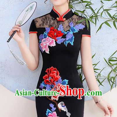 China Catwalks Embroidery Peony Cheongsam Stage Show Clothing Woman Black Satin Qipao Dress