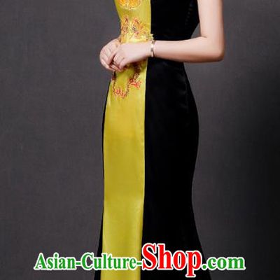 China Catwalks Show Embroidery Dragon Cheongsam Stage Performance Clothing Bride Fishtail Golden Qipao Dress