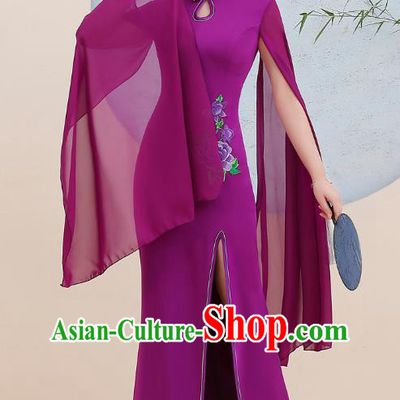 China Stage Performance Embroidery Cheongsam Woman Fishtail Clothing Catwalks Purple Chiffon Sleeve Qipao Dress