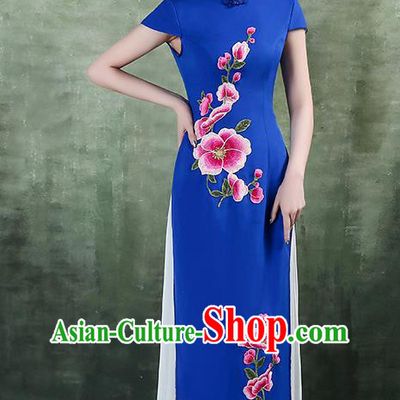 China Stage Performance Aodai Clothing Classical Embroidery Royalblue Satin Qipao Dress Catwalks Show Cheongsam
