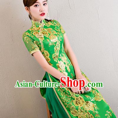 China Classical Dance Lace Sequins Green Qipao Dress Catwalks Show Aodai Cheongsam
