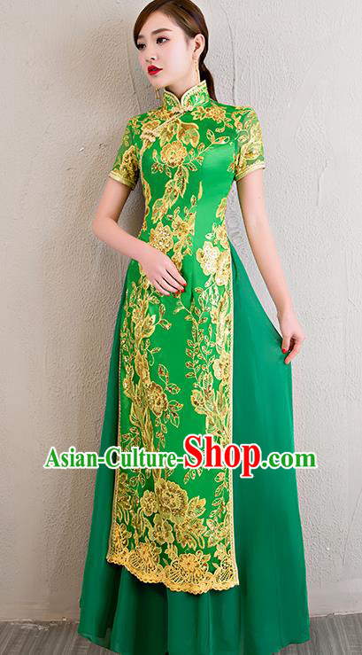 China Classical Dance Lace Sequins Green Qipao Dress Catwalks Show Aodai Cheongsam China Classical Dance Lace Sequins Green Qipao Dress Catwalks Show Aodai Cheongsam