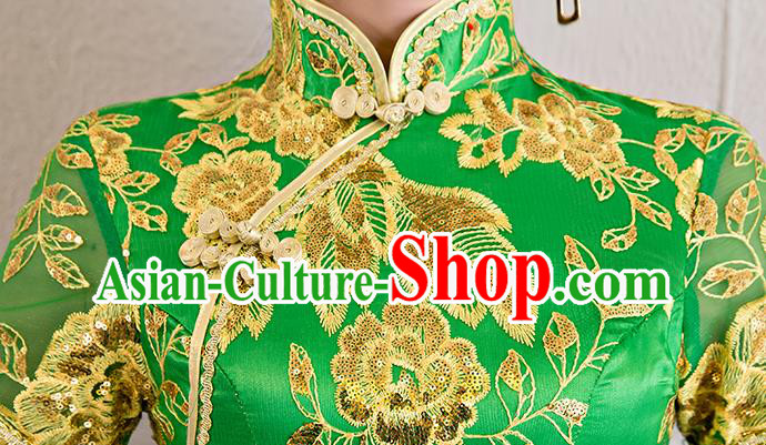 China Classical Dance Lace Sequins Green Qipao Dress Catwalks Show Aodai Cheongsam China Classical Dance Lace Sequins Green Qipao Dress Catwalks Show Aodai Cheongsam
