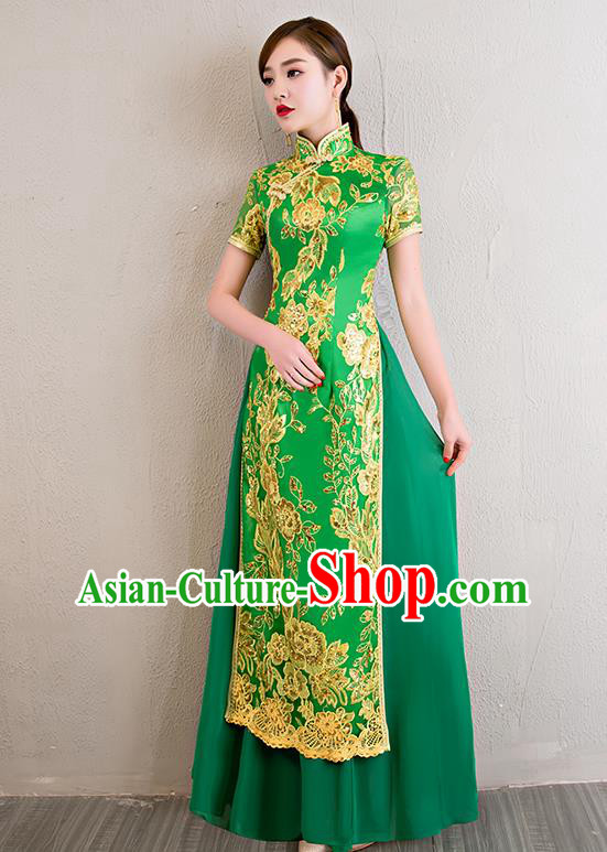 China Classical Dance Lace Sequins Green Qipao Dress Catwalks Show Aodai Cheongsam China Classical Dance Lace Sequins Green Qipao Dress Catwalks Show Aodai Cheongsam