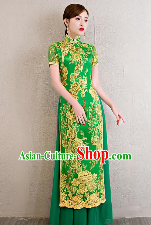 China Classical Dance Lace Sequins Green Qipao Dress Catwalks Show Aodai Cheongsam China Classical Dance Lace Sequins Green Qipao Dress Catwalks Show Aodai Cheongsam