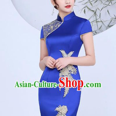China Catwalks Show Cheongsam Stage Performance Evening Dress Clothing Classical Royalblue Satin Qipao
