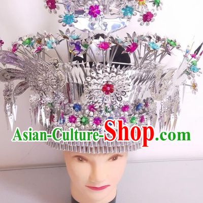 China Traditional Silver Hair Accessories Hmong Ethnic Phoenix Coronet Guizhou Miao Nationality Hair Crown Hat