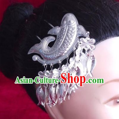 China Traditional Wedding Hair Accessories Hmong Ethnic Hair Stick Guizhou Miao Nationality Silver Fish Hairpin