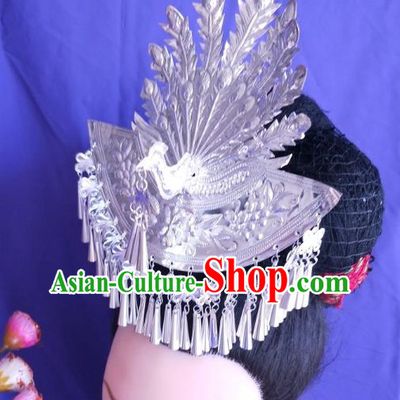 China Traditional Wedding Hair Accessories Hmong Ethnic Silver Phoenix Hair Crown Guizhou Miao Nationality Hairpin