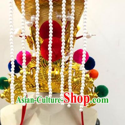 China Traditional Peking Opera Emperor Hat Ancient Royal King Tassel Headwear