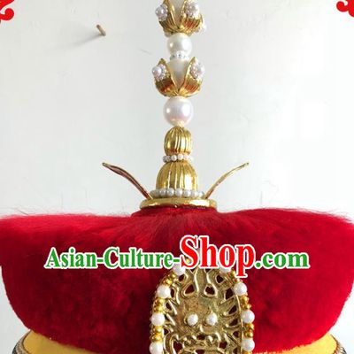 China Traditional Qing Dynasty Emperor Hat Ancient Royal King Pearls Headdress