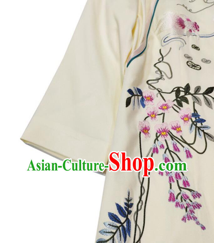 Chinese National Classical Embroidered Beige Qipao Dress Traditional Women Cheongsam Clothing Chinese National Classical Embroidered Beige Qipao Dress Traditional Women Cheongsam Clothing