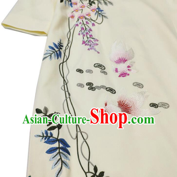 Chinese National Classical Embroidered Beige Qipao Dress Traditional Women Cheongsam Clothing Chinese National Classical Embroidered Beige Qipao Dress Traditional Women Cheongsam Clothing