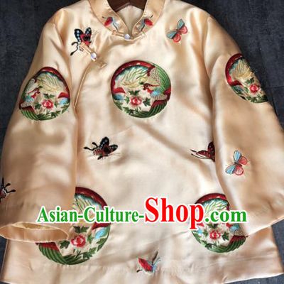 China Traditional Embroidered Phoenix Cotton Padded Jacket Woman Winter Outer Garment Tang Suit Champagne Silk Coat