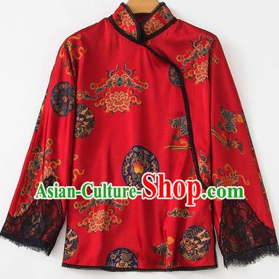 China Traditional Women Upper Outer Garment Printing Peony Red Silk Blouse Tang Suit Shirt