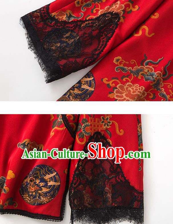 China Traditional Women Upper Outer Garment Printing Peony Red Silk Blouse Tang Suit Shirt China Traditional Women Upper Outer Garment Printing Peony Red Silk Blouse Tang Suit Shirt