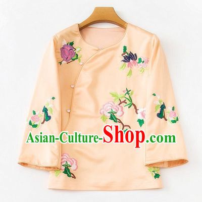 China Embroidered Peony Apricot Silk Shirt Traditional Tang Suit Upper Outer Garment