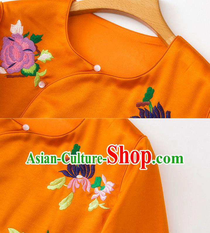China Embroidered Peony Blouse Traditional Tang Suit Upper Outer Garment Orange Silk Shirt China Embroidered Peony Blouse Traditional Tang Suit Upper Outer Garment Orange Silk Shirt