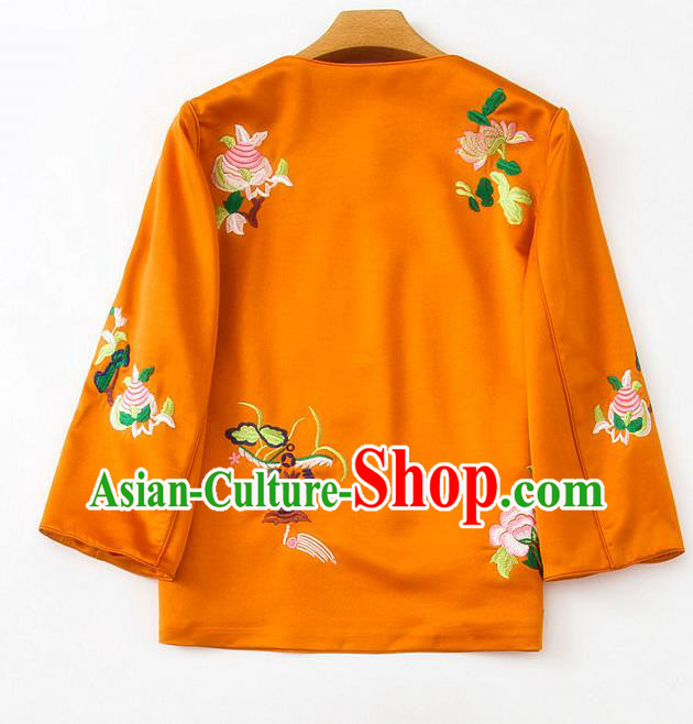 China Embroidered Peony Blouse Traditional Tang Suit Upper Outer Garment Orange Silk Shirt China Embroidered Peony Blouse Traditional Tang Suit Upper Outer Garment Orange Silk Shirt