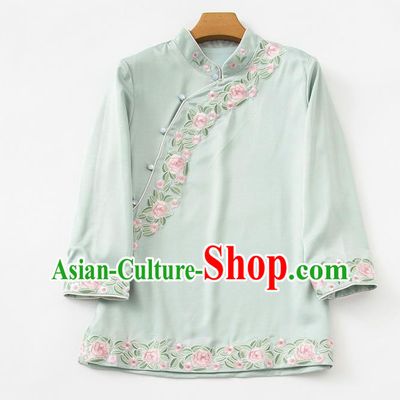 China Traditional Embroidered Roses Light Green Silk Shirt Tang Suit Upper Outer Garment Blouse