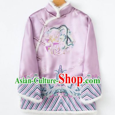 China Embroidered Cotton Wadded Jacket Traditional Tang Suit Outer Garment Winter Lilac Silk Coat
