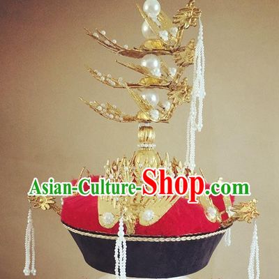 China Traditional Qing Dynasty Empress Hat Handmade Ancient Queen Golden Phoenix Headwear