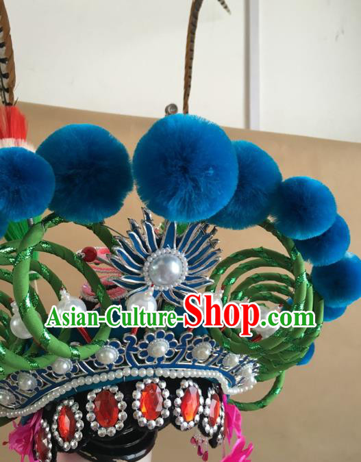 China Traditional Peking Opera Blues Hat Handmade Beijing Opera Female Swordsman Headwear China Traditional Peking Opera Blues Hat Handmade Beijing Opera Female Swordsman Headwear