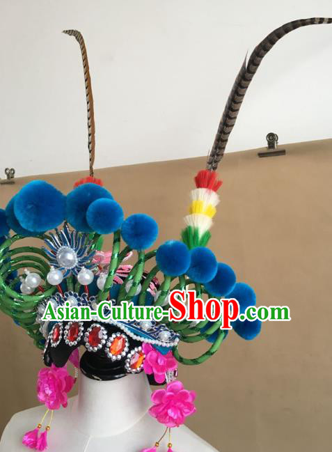 China Traditional Peking Opera Blues Hat Handmade Beijing Opera Female Swordsman Headwear China Traditional Peking Opera Blues Hat Handmade Beijing Opera Female Swordsman Headwear