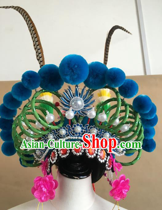 China Traditional Peking Opera Blues Hat Handmade Beijing Opera Female Swordsman Headwear China Traditional Peking Opera Blues Hat Handmade Beijing Opera Female Swordsman Headwear