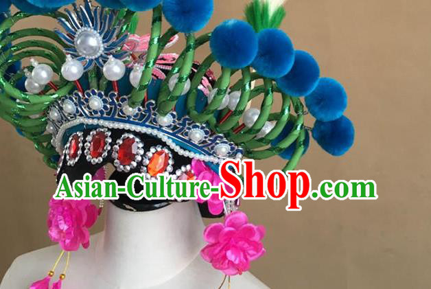 China Traditional Peking Opera Blues Hat Handmade Beijing Opera Female Swordsman Headwear China Traditional Peking Opera Blues Hat Handmade Beijing Opera Female Swordsman Headwear