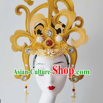 China Classical Dance Hair Crown Traditional Stage Performance Hair Accessories Handmade Goddess Wigs Chignon