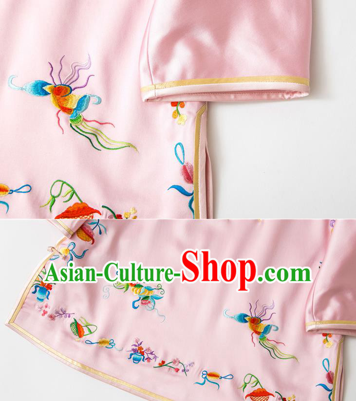 China Traditional Tang Suit Outer Garment Pink Silk Coat Embroidered Butterfly Jacket China Traditional Tang Suit Outer Garment Pink Silk Coat Embroidered Butterfly Jacket