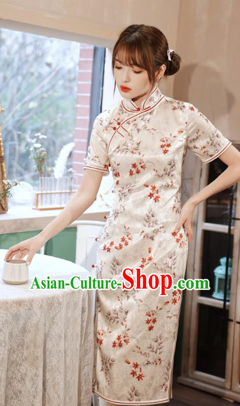 Chinese Classical Printing Peacock White Silk Qipao Dress Traditional Women Cheongsam Clothing Chinese Classical Printing Peacock White Silk Qipao Dress Traditional Women Cheongsam Clothing