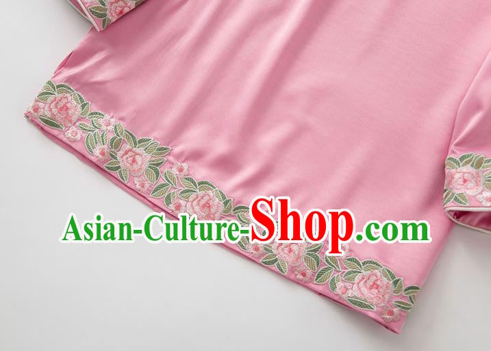 China Tang Suit Upper Outer Garment Blouse Traditional Embroidered Roses Pink Silk Shirt China Tang Suit Upper Outer Garment Blouse Traditional Embroidered Roses Pink Silk Shirt