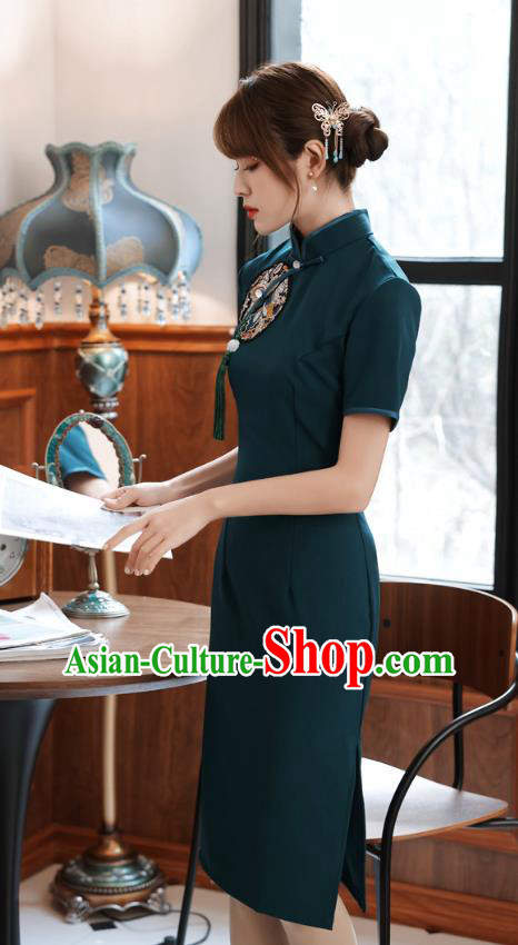 Chinese Traditional Retro Short Cheongsam Classical Peacock Green Qipao Dress Chinese Traditional Retro Short Cheongsam Classical Peacock Green Qipao Dress