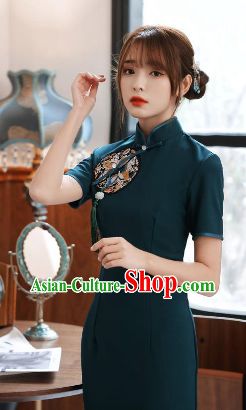 Chinese Traditional Retro Short Cheongsam Classical Peacock Green Qipao Dress Chinese Traditional Retro Short Cheongsam Classical Peacock Green Qipao Dress