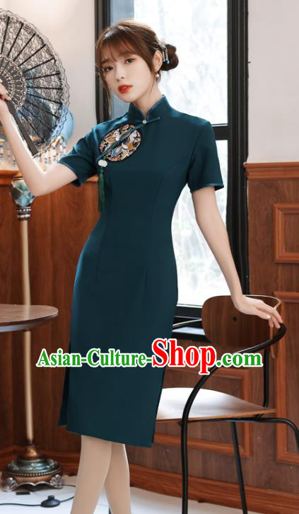 Chinese Traditional Retro Short Cheongsam Classical Peacock Green Qipao Dress Chinese Traditional Retro Short Cheongsam Classical Peacock Green Qipao Dress