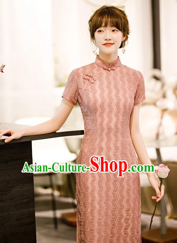 Chinese Classical Pink Lace Qipao Dress Traditional Elegant Cheongsam Chinese Classical Pink Lace Qipao Dress Traditional Elegant Cheongsam