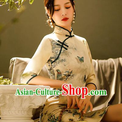 Chinese Classical Printing Butterfly Qipao Dress Traditional Shang Hai Fashion Cheongsam