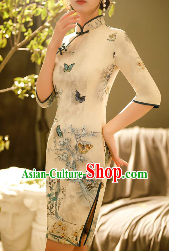 Chinese Classical Printing Butterfly Qipao Dress Traditional Shang Hai Fashion Cheongsam Chinese Classical Printing Butterfly Qipao Dress Traditional Shang Hai Fashion Cheongsam