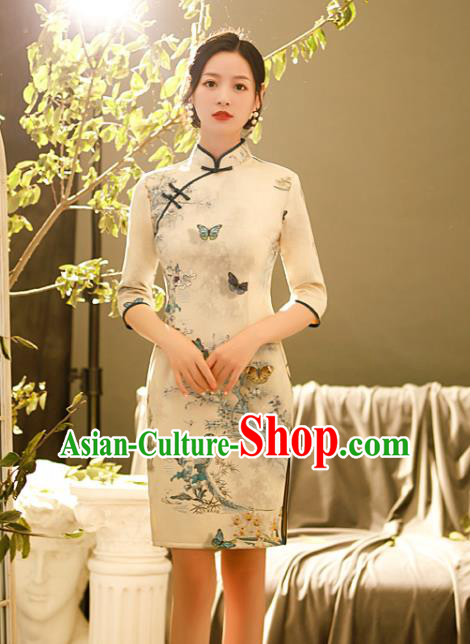 Chinese Classical Printing Butterfly Qipao Dress Traditional Shang Hai Fashion Cheongsam Chinese Classical Printing Butterfly Qipao Dress Traditional Shang Hai Fashion Cheongsam