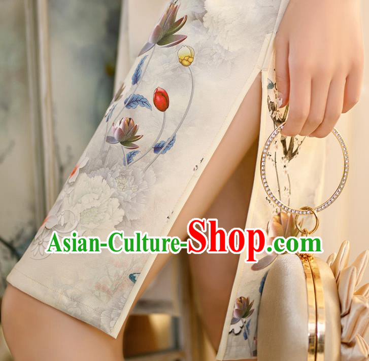 Chinese Traditional Shang Hai White Lace Cheongsam Classical Printing Flowers Qipao Dress Chinese Traditional Shang Hai White Lace Cheongsam Classical Printing Flowers Qipao Dress