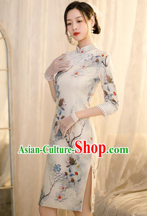 Chinese Traditional Shang Hai White Lace Cheongsam Classical Printing Flowers Qipao Dress Chinese Traditional Shang Hai White Lace Cheongsam Classical Printing Flowers Qipao Dress